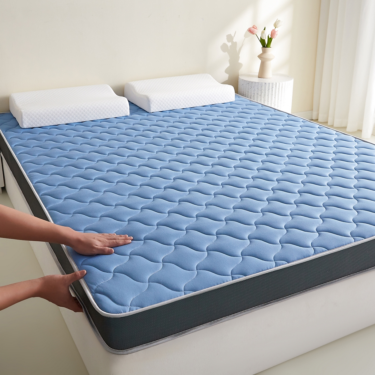 91家纺网 家纺一手货源 找家纺 芊梵床垫 2026新款乳胶记忆海绵床垫 蓝色-灰边