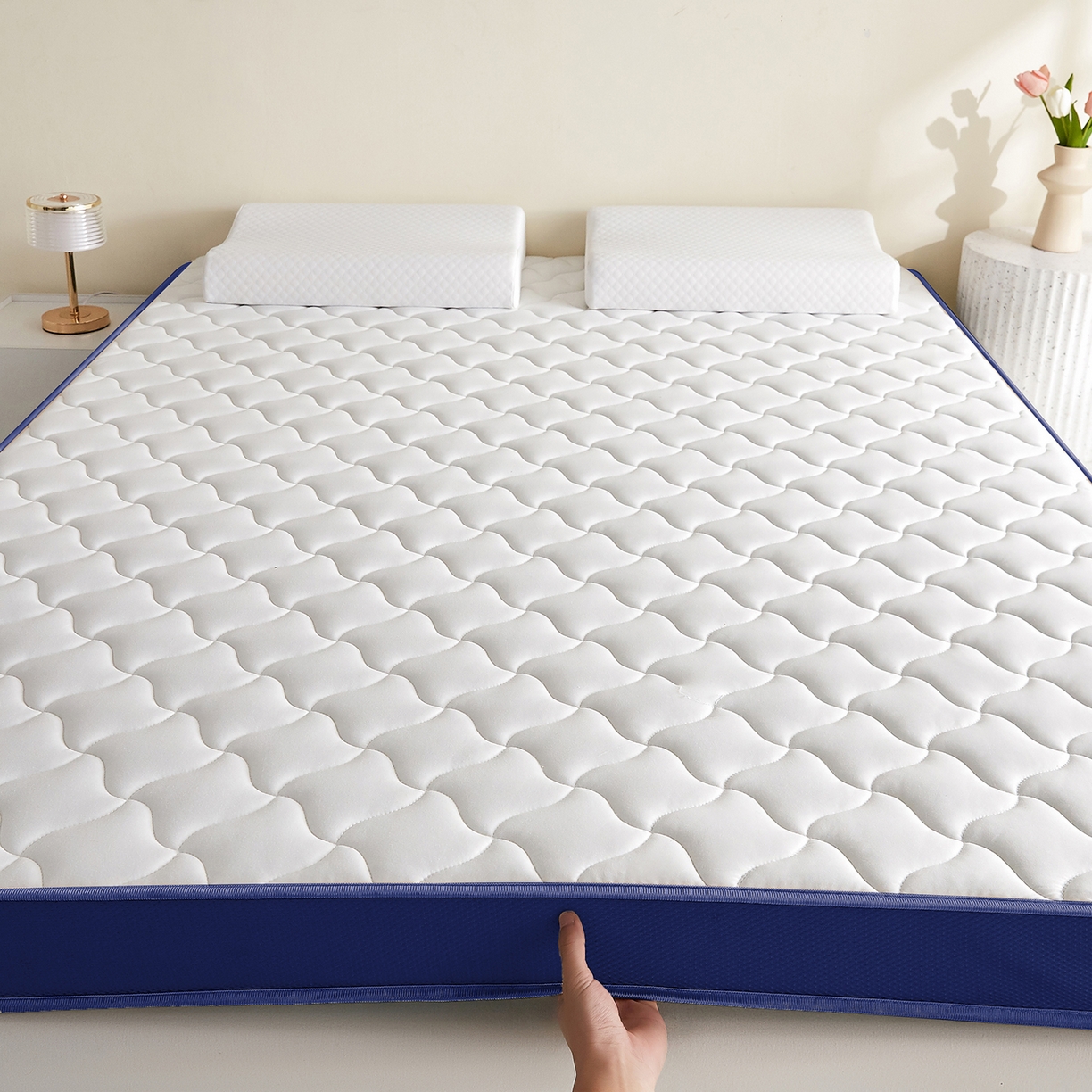 91家纺网 家纺一手货源 找家纺 芊梵床垫 2026新款乳胶记忆海绵床垫 白色-蓝边