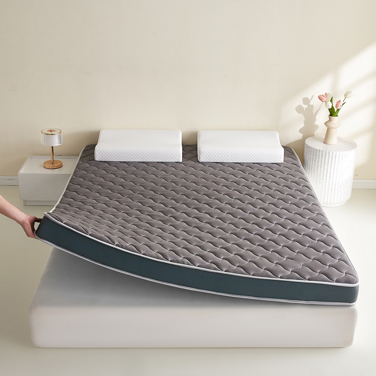 91家纺网 家纺一手货源 找家纺 芊梵床垫 2026新款乳胶记忆海绵床垫 灰色-灰边