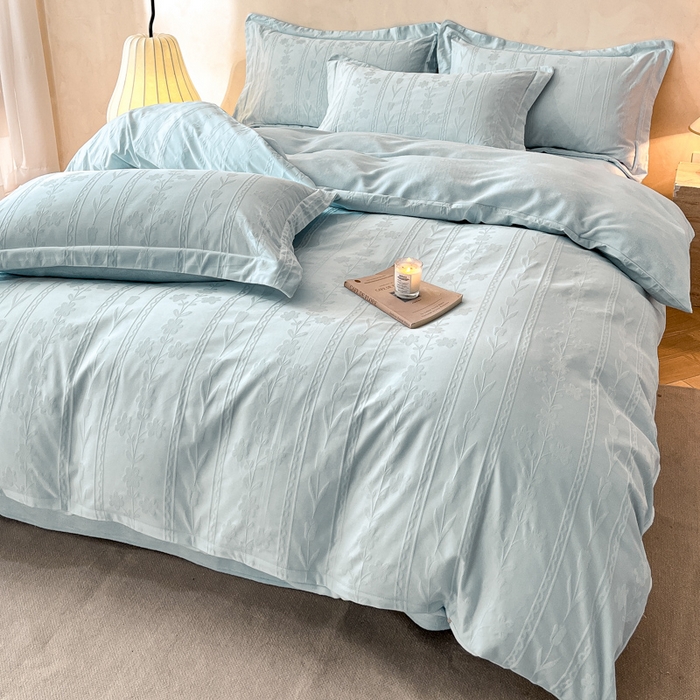 91家纺网 家纺一手货源 找家纺 禾时 2025新款全棉加厚立体提花加绒四件套 花屿-淡雅蓝（加绒款）