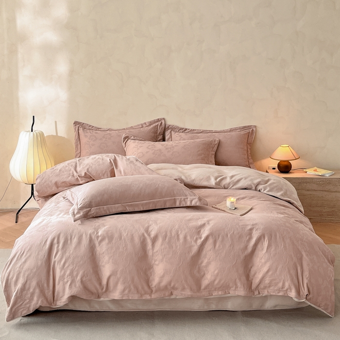 91家纺网 家纺一手货源 找家纺 禾时 2025新款全棉加厚立体提花加绒四件套 兰亭-藕粉色（加绒款）