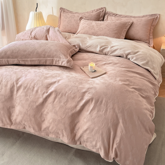 91家纺网 家纺一手货源 找家纺 禾时 2025新款全棉加厚立体提花加绒四件套 兰亭-藕粉色（加绒款）