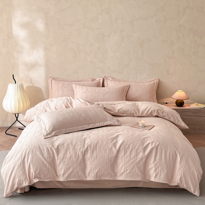 91家纺网 家纺一手货源 找家纺 禾时 2025新款全棉加厚立体提花加绒四件套 花屿-芭比粉（加绒款）