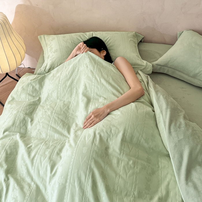 禾时 2025新款全棉加厚立体提花加绒四件套 花屿-清新绿（加绒款）