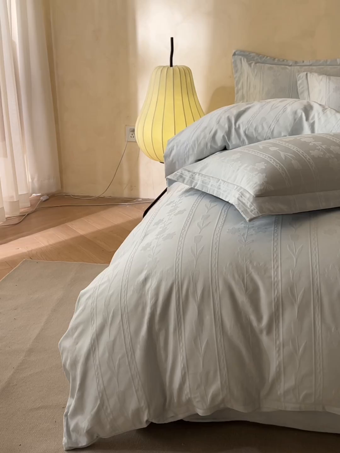 91家纺网 家纺一手货源 找家纺 禾时 2025新款全棉加厚立体提花加绒四件套 花屿-清新绿（加绒款）