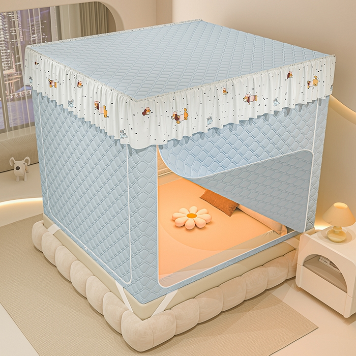 91家纺网 家纺一手货源 找家纺 梦之宝蚊帐 2025新款卡通花边夹棉防风一体式系列蚊帐 波点狗狗-蓝