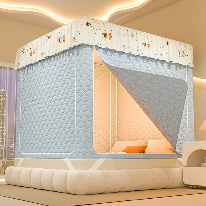 91家纺网 家纺一手货源 找家纺 梦之宝蚊帐 2025新款卡通花边夹棉防风一体式系列蚊帐 波点狗狗-蓝