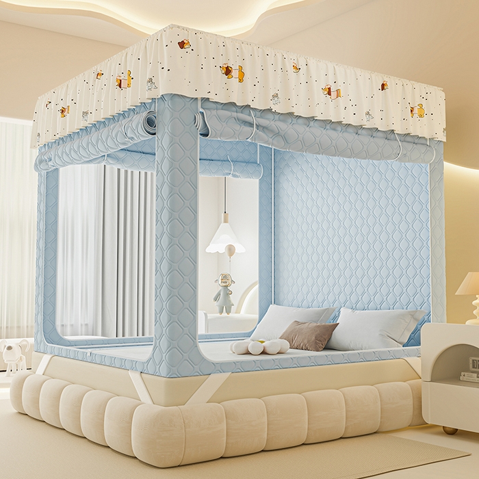 91家纺网 家纺一手货源 找家纺 梦之宝蚊帐 2025新款卡通花边夹棉防风一体式系列蚊帐 波点狗狗-蓝