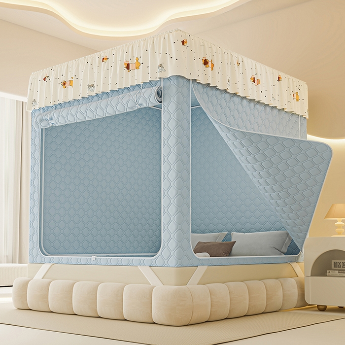 91家纺网 家纺一手货源 找家纺 梦之宝蚊帐 2025新款卡通花边夹棉防风一体式系列蚊帐 波点狗狗-蓝