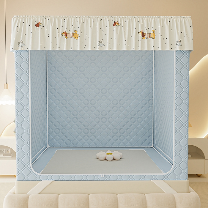 91家纺网 家纺一手货源 找家纺 梦之宝蚊帐 2025新款卡通花边夹棉防风一体式系列蚊帐 波点狗狗-蓝