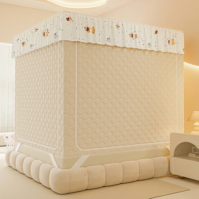 91家纺网 家纺一手货源 找家纺 梦之宝蚊帐 2025新款卡通花边夹棉防风一体式系列蚊帐 波点狗狗-米