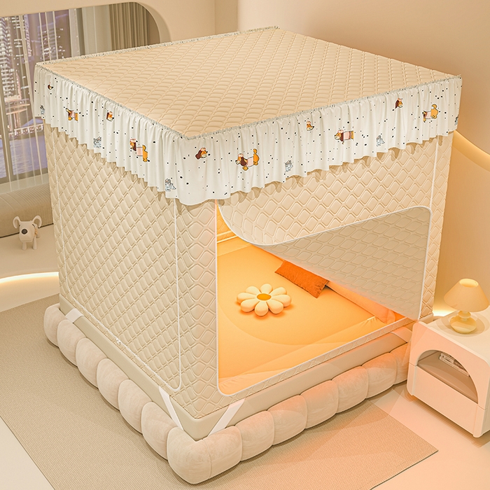 91家纺网 家纺一手货源 找家纺 梦之宝蚊帐 2025新款卡通花边夹棉防风一体式系列蚊帐 波点狗狗-米