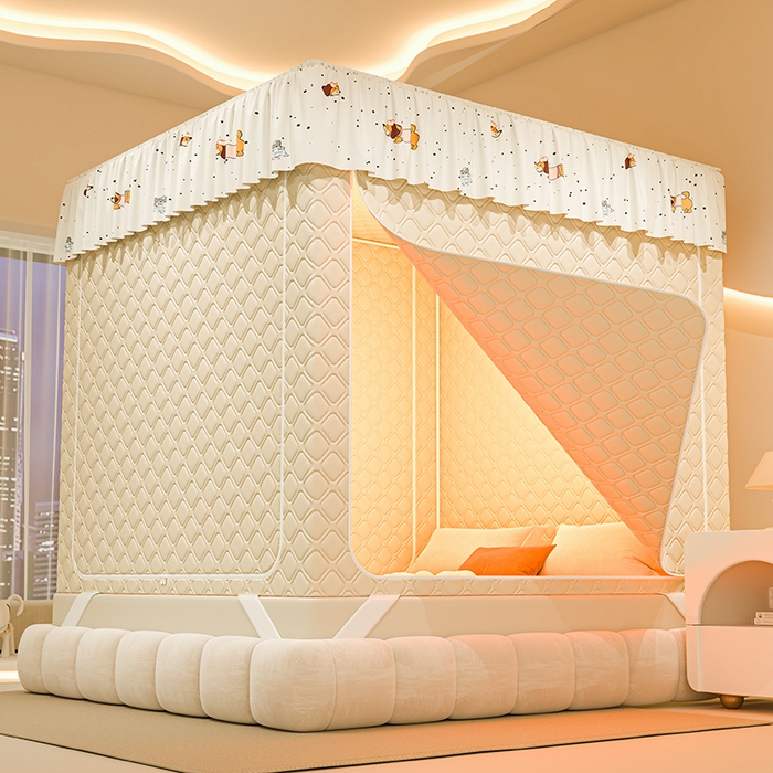 91家纺网 家纺一手货源 找家纺 梦之宝蚊帐 2025新款卡通花边夹棉防风一体式系列蚊帐 波点狗狗-米