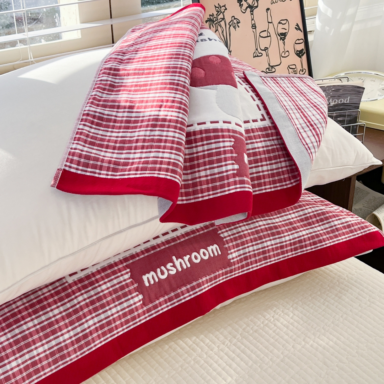 91家纺网 家纺一手货源 找家纺 美宜家 2026新款全棉细纱加厚萌系治愈风枕巾 条纹蘑菇一对