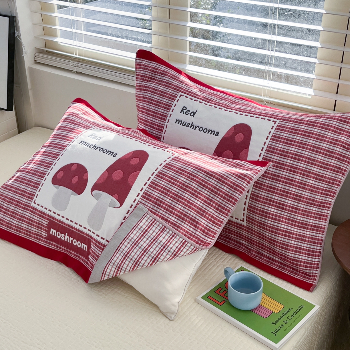 91家纺网 家纺一手货源 找家纺 美宜家 2026新款全棉细纱加厚萌系治愈风枕巾 条纹蘑菇一对