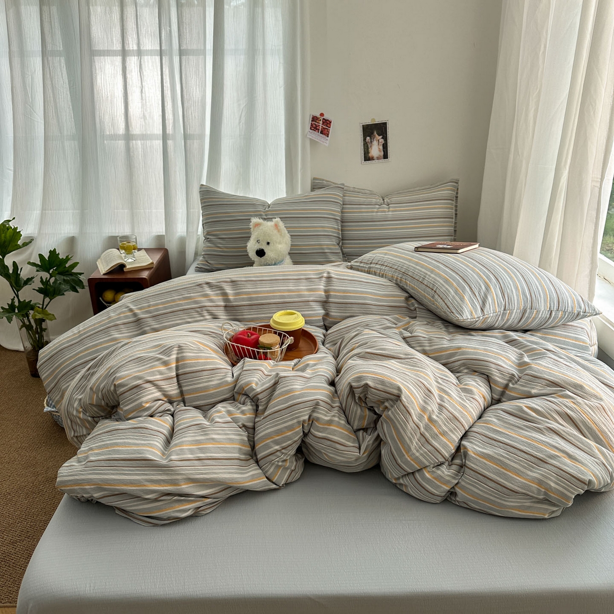 91家纺网 家纺一手货源 找家纺 （总）思诺羽床笠 2026新款亲肤云朵双层纱无印风水洗棉三件套四件套