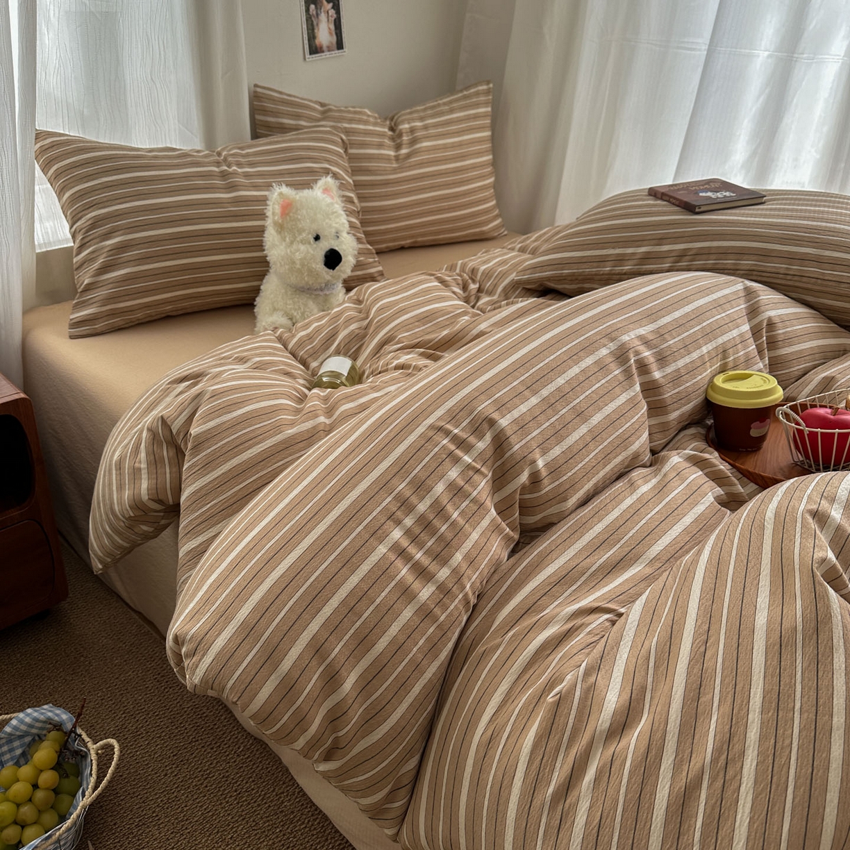 91家纺网 家纺一手货源 找家纺 思诺羽床笠 2026新款亲肤云朵双层纱无印风水洗棉三件套四件套 浅咖条