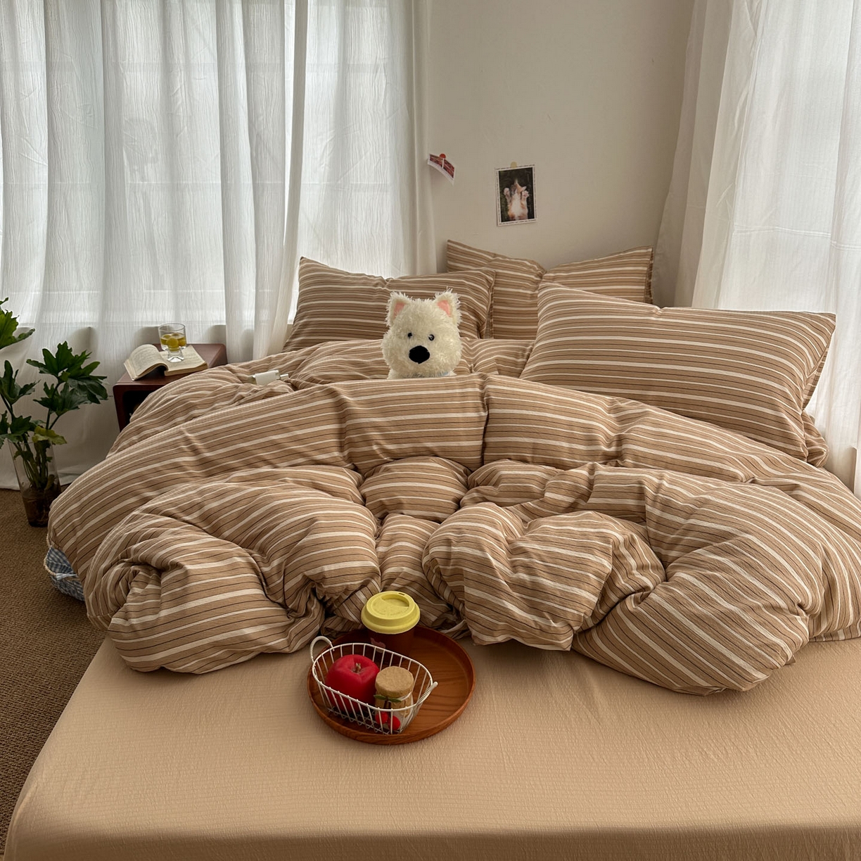 91家纺网 家纺一手货源 找家纺 思诺羽床笠 2026新款亲肤云朵双层纱无印风水洗棉三件套四件套 浅咖条