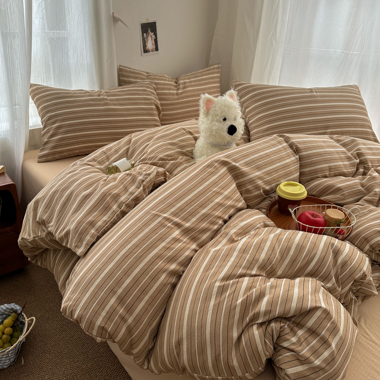 91家纺网 家纺一手货源 找家纺 思诺羽床笠 2026新款亲肤云朵双层纱无印风水洗棉三件套四件套 浅咖条