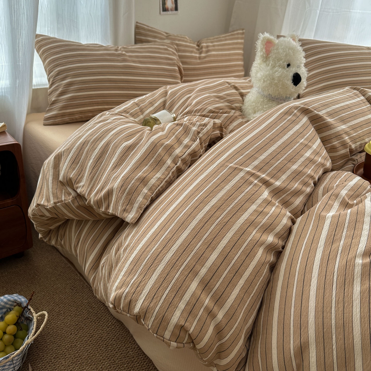 91家纺网 家纺一手货源 找家纺 思诺羽床笠 2026新款亲肤云朵双层纱无印风水洗棉三件套四件套 浅咖条