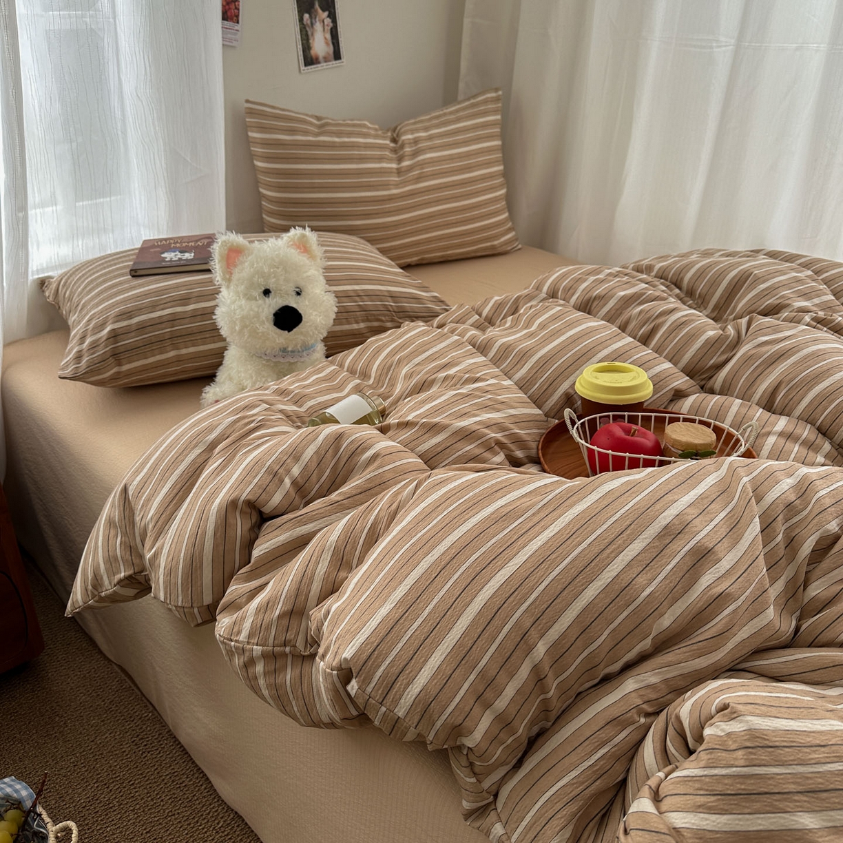 91家纺网 家纺一手货源 找家纺 思诺羽床笠 2026新款亲肤云朵双层纱无印风水洗棉三件套四件套 浅咖条