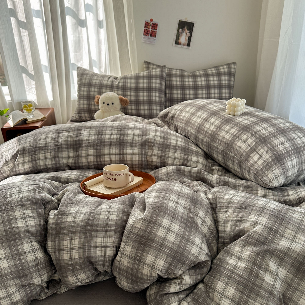 91家纺网 家纺一手货源 找家纺 思诺羽床笠 2026新款亲肤云朵双层纱无印风水洗棉三件套四件套 布林灰