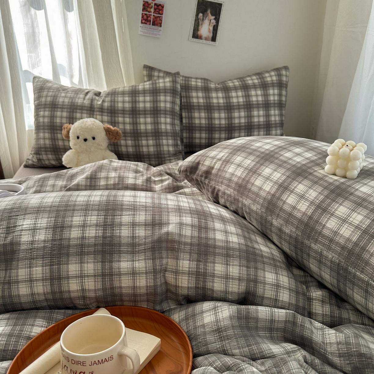 91家纺网 家纺一手货源 找家纺 思诺羽床笠 2026新款亲肤云朵双层纱无印风水洗棉三件套四件套 布林灰