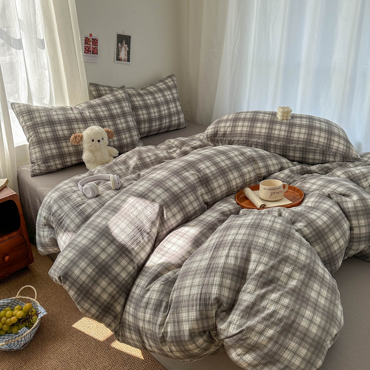 91家纺网 家纺一手货源 找家纺 思诺羽床笠 2026新款亲肤云朵双层纱无印风水洗棉三件套四件套 布林灰