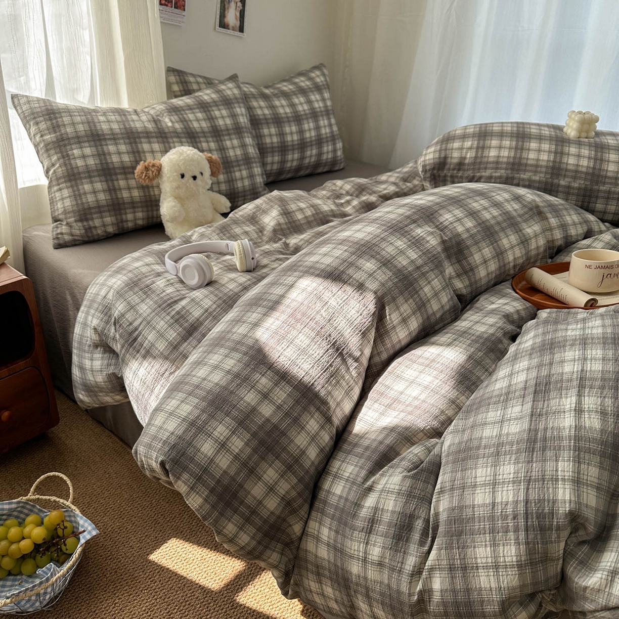 91家纺网 家纺一手货源 找家纺 思诺羽床笠 2026新款亲肤云朵双层纱无印风水洗棉三件套四件套 布林灰