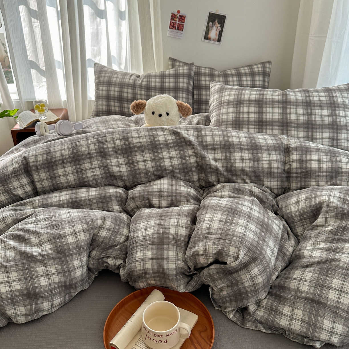 91家纺网 家纺一手货源 找家纺 思诺羽床笠 2026新款亲肤云朵双层纱无印风水洗棉三件套四件套 布林灰