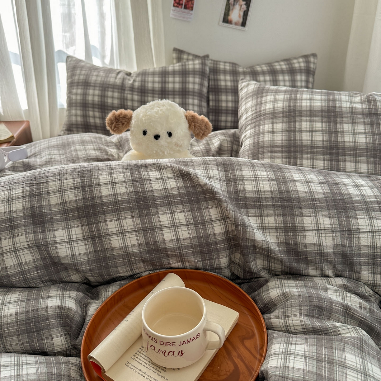 91家纺网 家纺一手货源 找家纺 思诺羽床笠 2026新款亲肤云朵双层纱无印风水洗棉三件套四件套 布林灰