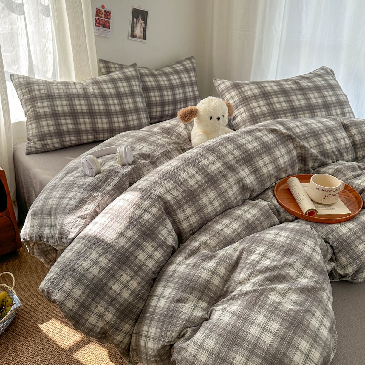 91家纺网 家纺一手货源 找家纺 思诺羽床笠 2026新款亲肤云朵双层纱无印风水洗棉三件套四件套 布林灰