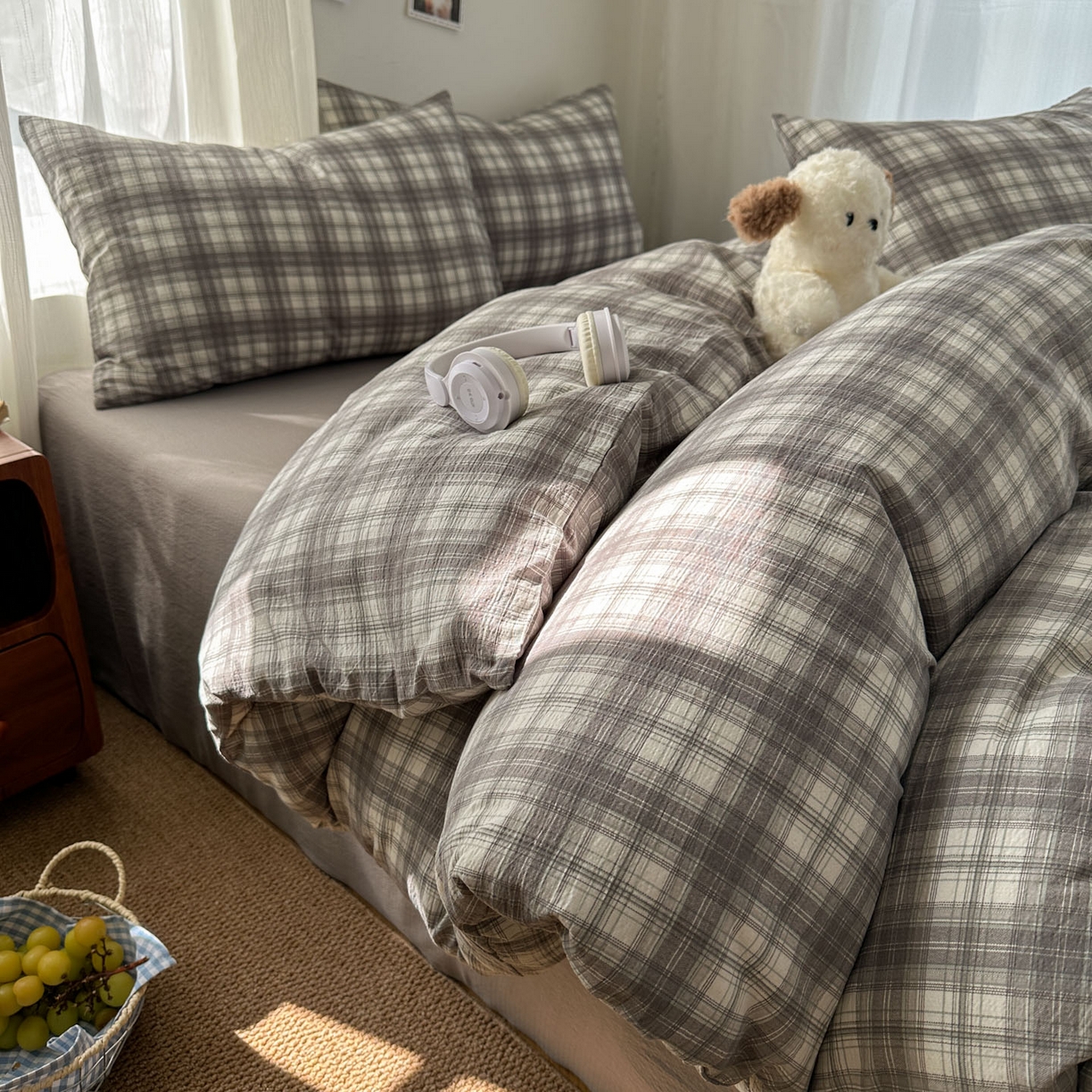 91家纺网 家纺一手货源 找家纺 思诺羽床笠 2026新款亲肤云朵双层纱无印风水洗棉三件套四件套 布林灰