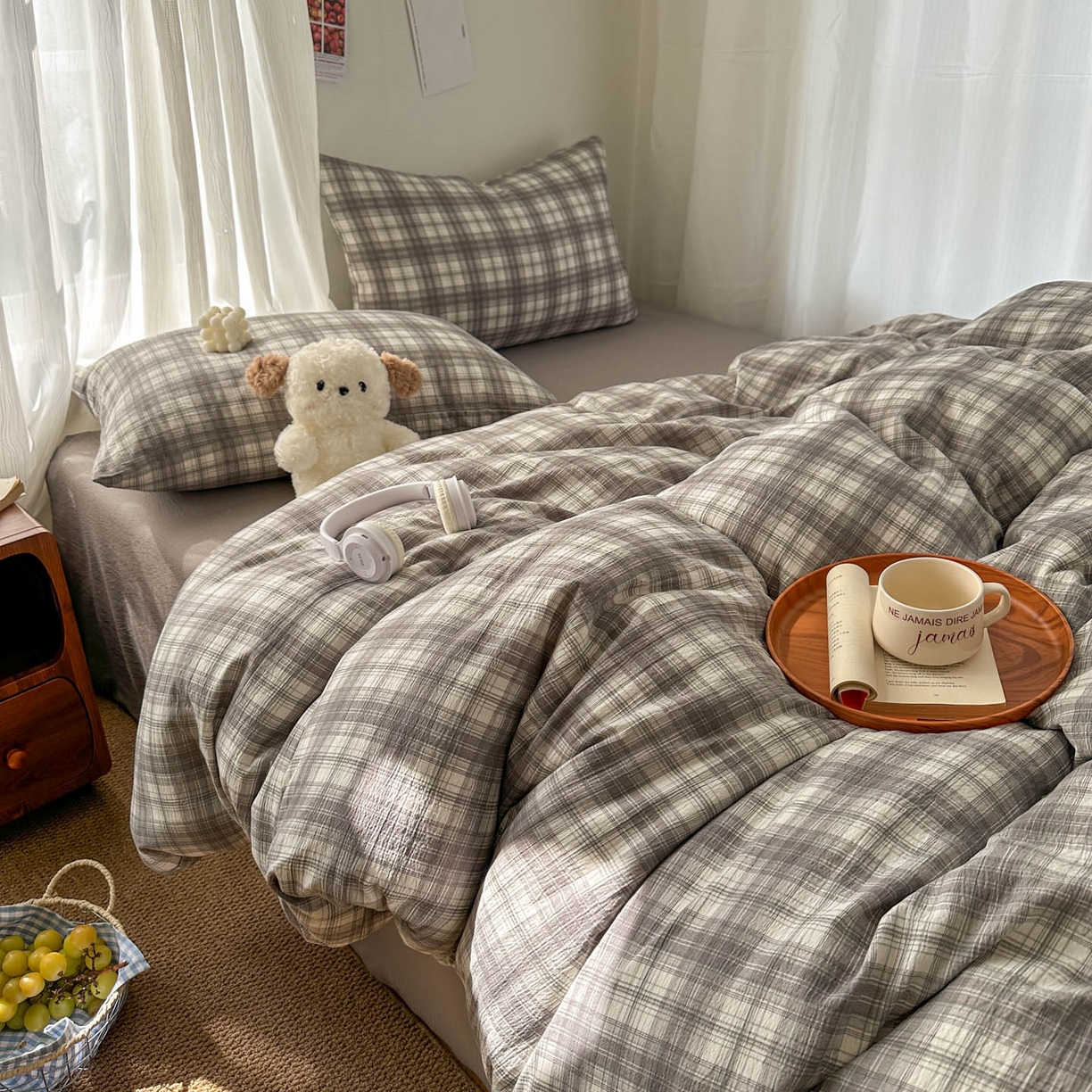 91家纺网 家纺一手货源 找家纺 思诺羽床笠 2026新款亲肤云朵双层纱无印风水洗棉三件套四件套 布林灰