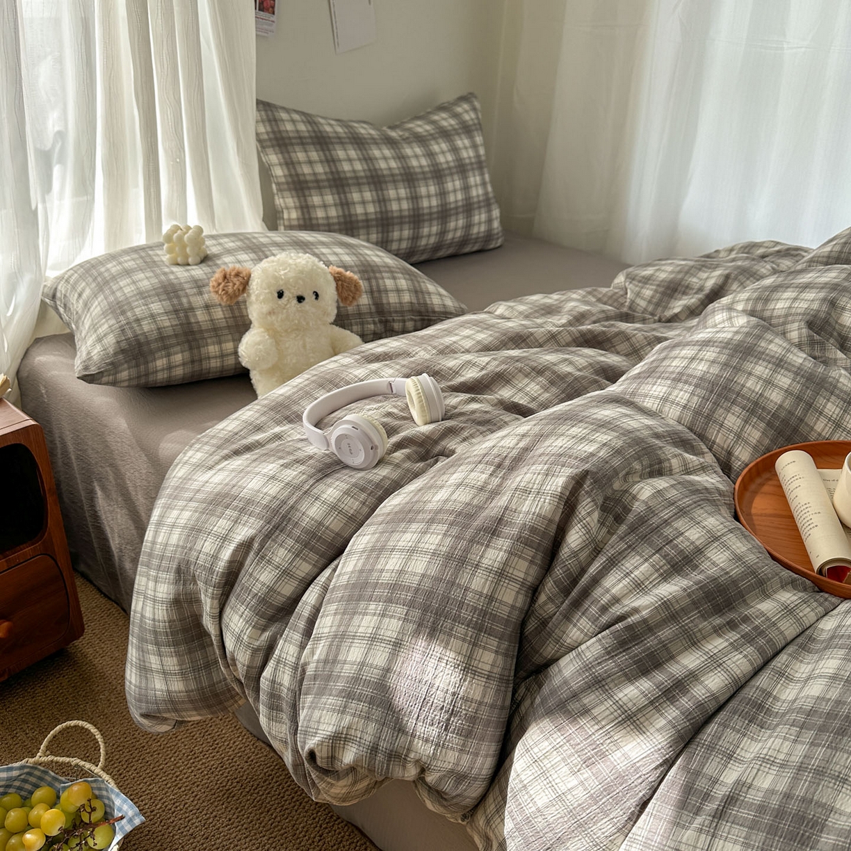 91家纺网 家纺一手货源 找家纺 思诺羽床笠 2026新款亲肤云朵双层纱无印风水洗棉三件套四件套 布林灰