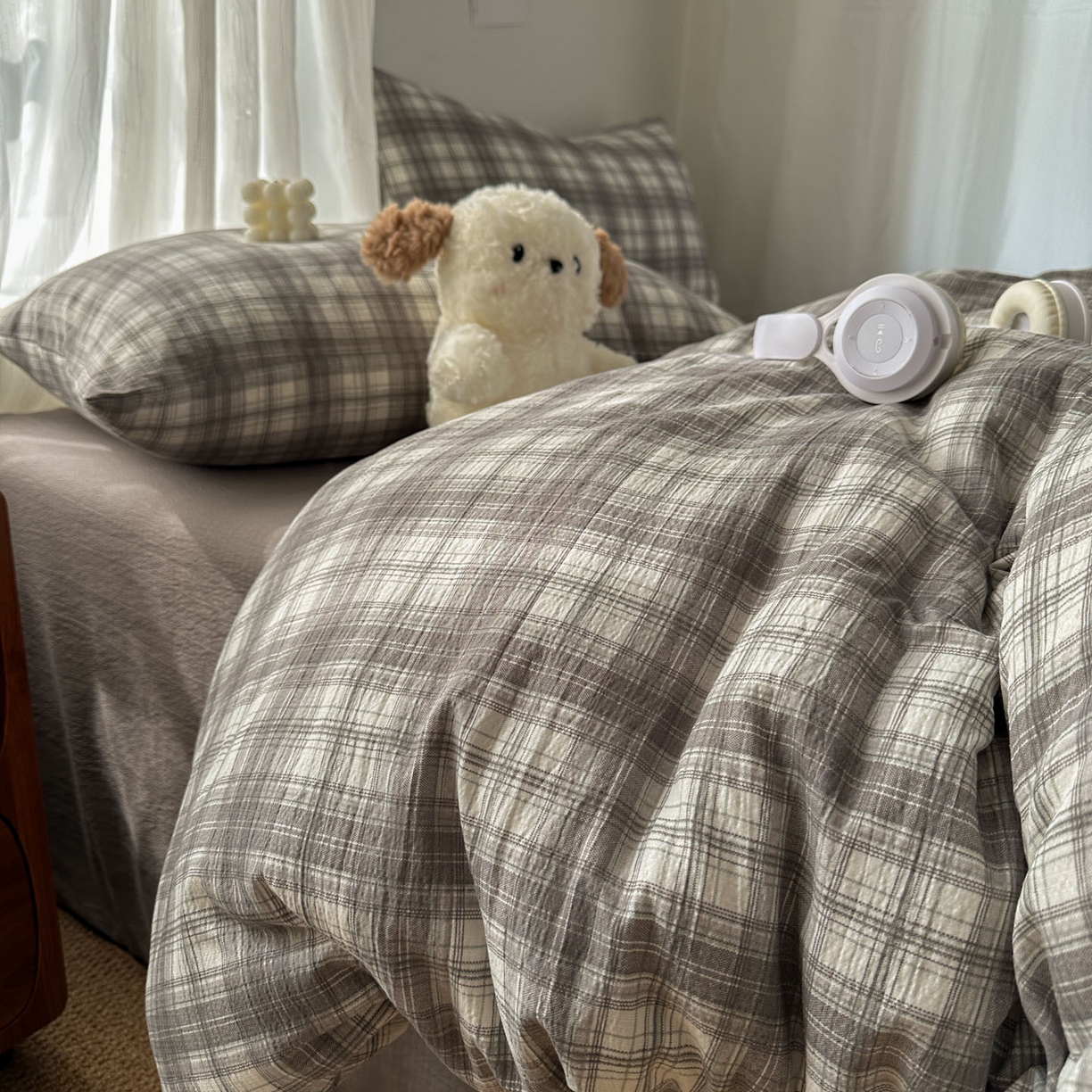 91家纺网 家纺一手货源 找家纺 思诺羽床笠 2026新款亲肤云朵双层纱无印风水洗棉三件套四件套 布林灰