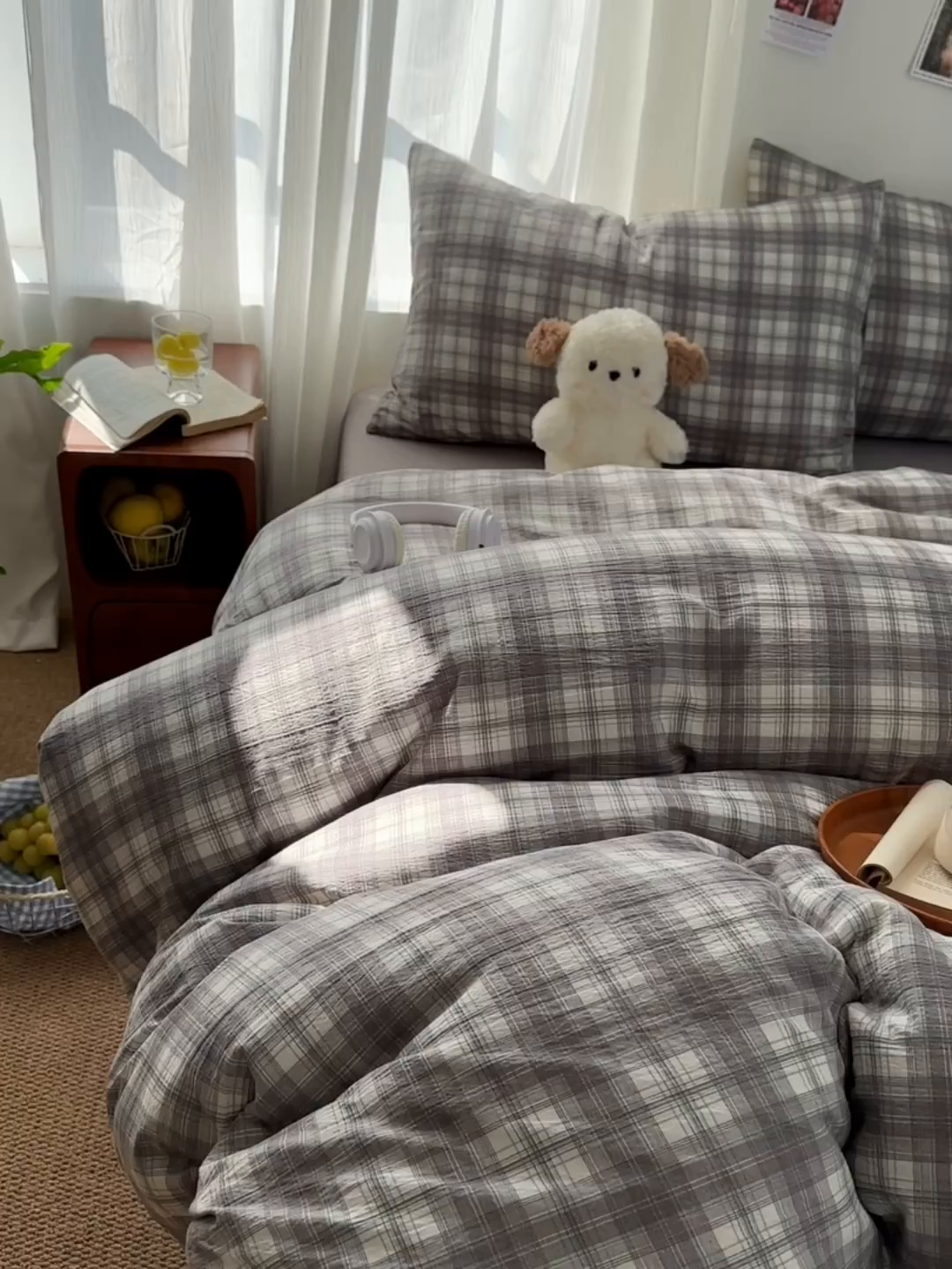 91家纺网 家纺一手货源 找家纺 思诺羽床笠 2026新款亲肤云朵双层纱无印风水洗棉三件套四件套 布林灰