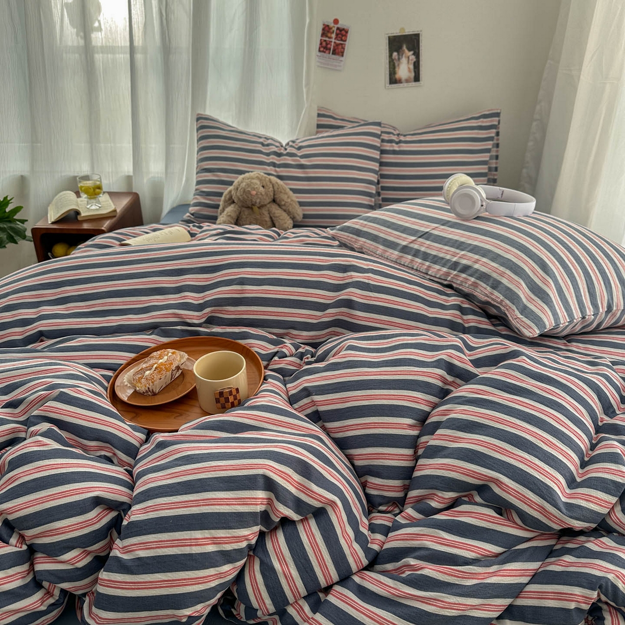 91家纺网 家纺一手货源 找家纺 思诺羽床笠 2026新款亲肤云朵双层纱无印风水洗棉三件套四件套 海蓝条