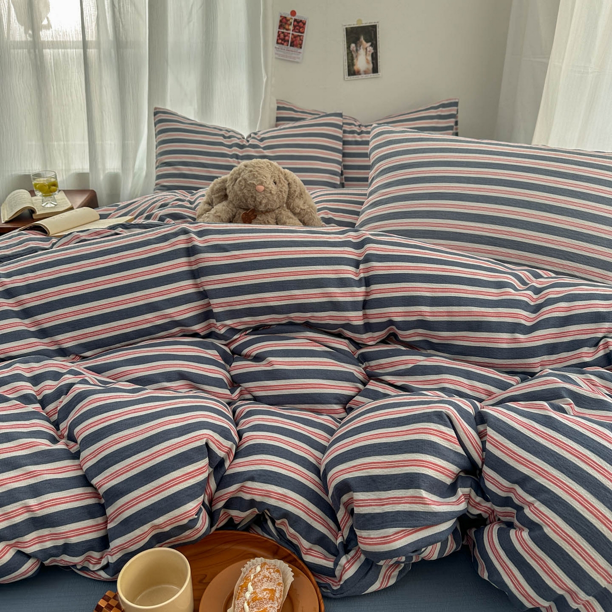 91家纺网 家纺一手货源 找家纺 思诺羽床笠 2026新款亲肤云朵双层纱无印风水洗棉三件套四件套 海蓝条