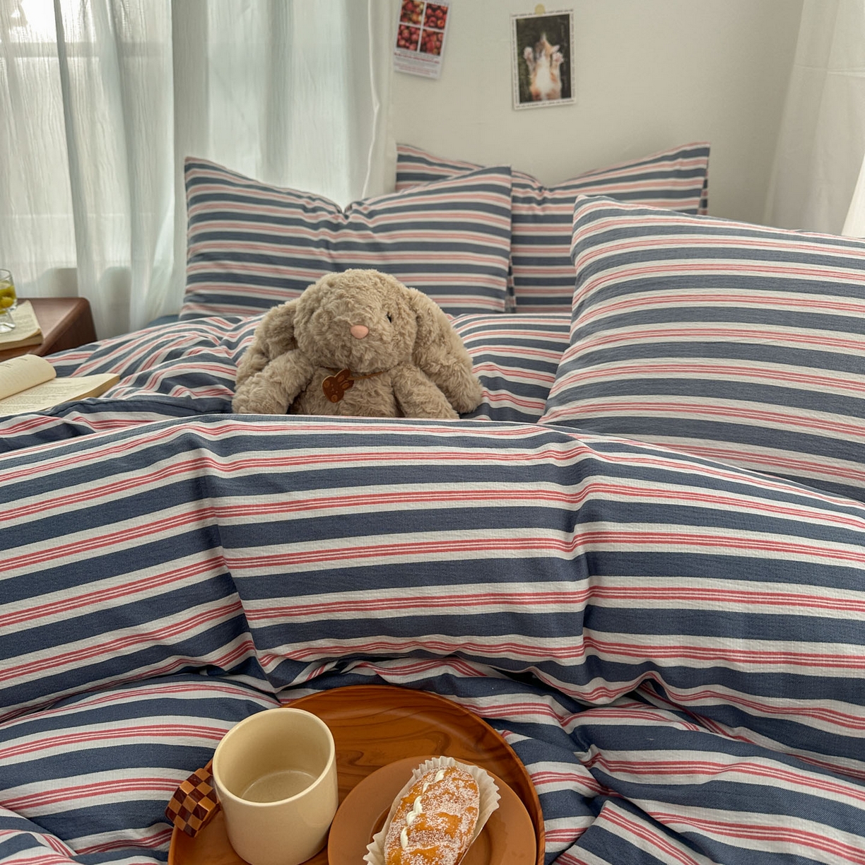 91家纺网 家纺一手货源 找家纺 思诺羽床笠 2026新款亲肤云朵双层纱无印风水洗棉三件套四件套 海蓝条