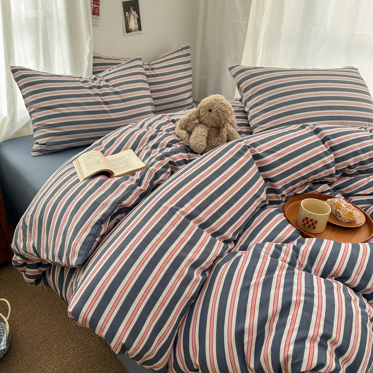 91家纺网 家纺一手货源 找家纺 思诺羽床笠 2026新款亲肤云朵双层纱无印风水洗棉三件套四件套 海蓝条