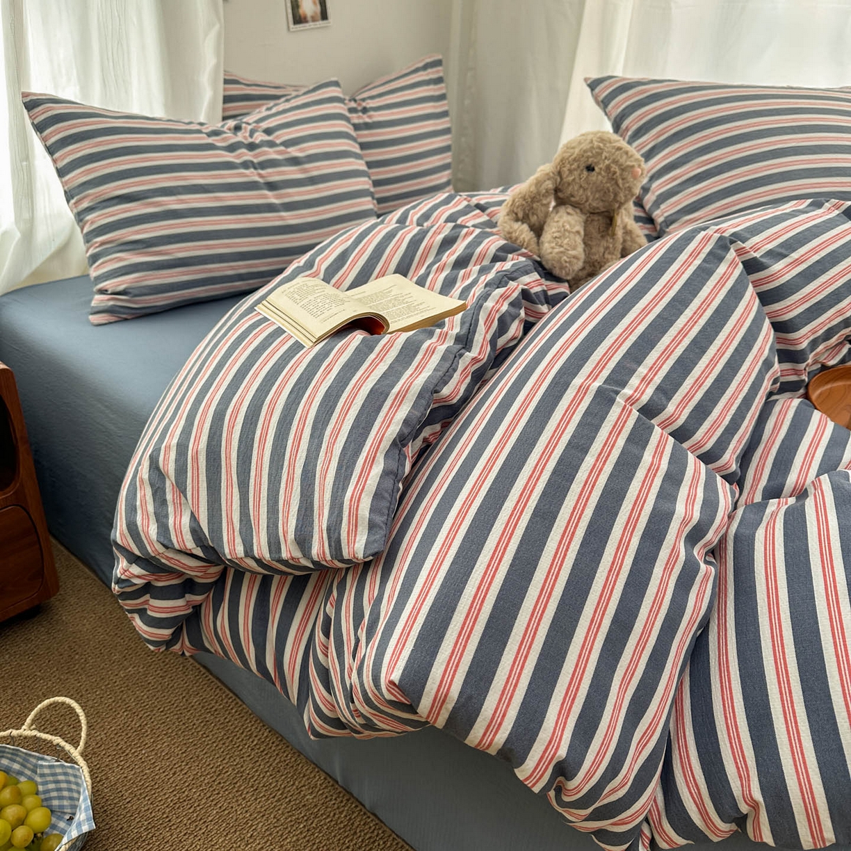 91家纺网 家纺一手货源 找家纺 思诺羽床笠 2026新款亲肤云朵双层纱无印风水洗棉三件套四件套 海蓝条