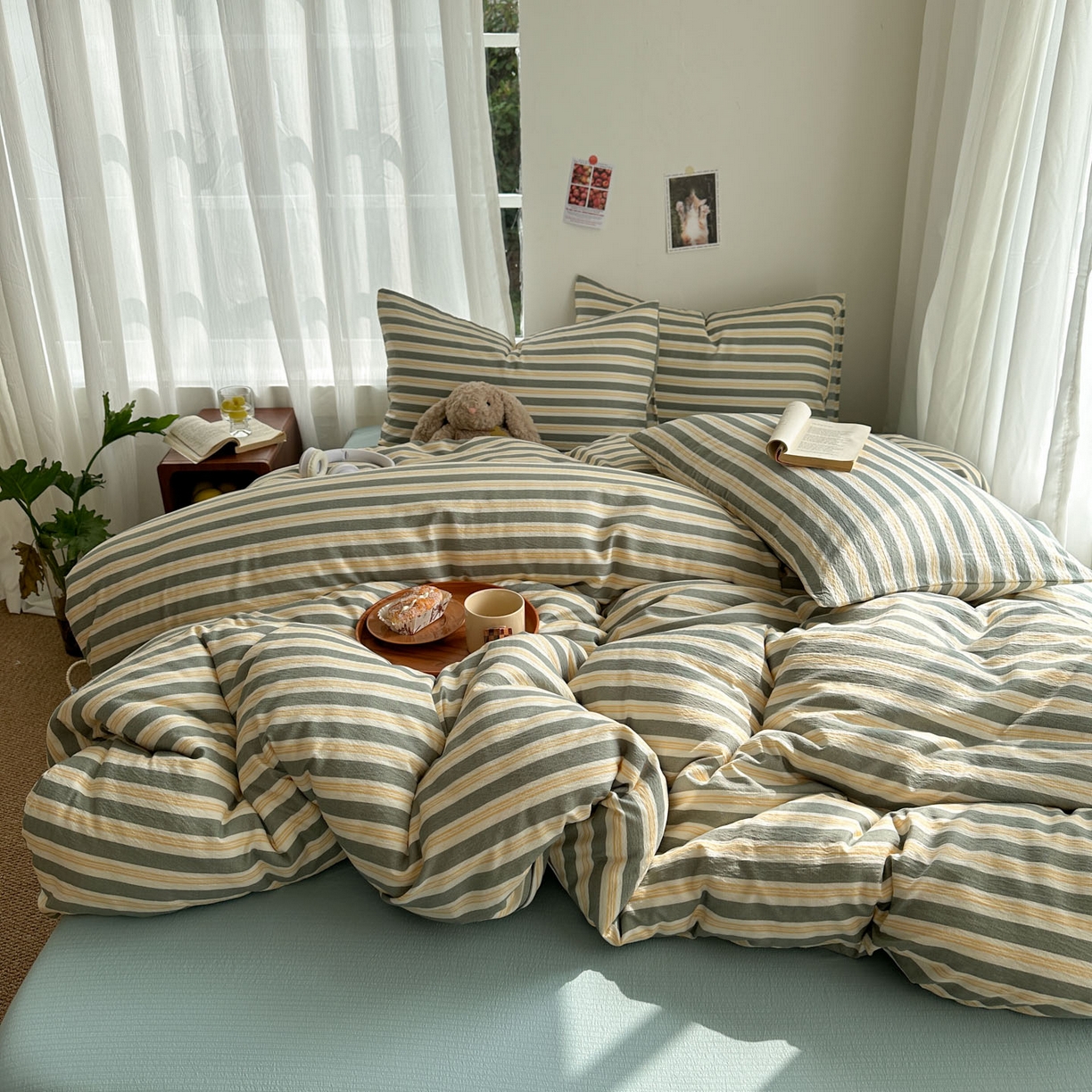 思诺羽床笠 2026新款亲肤云朵双层纱无印风水洗棉三件套四件套 黄绿条