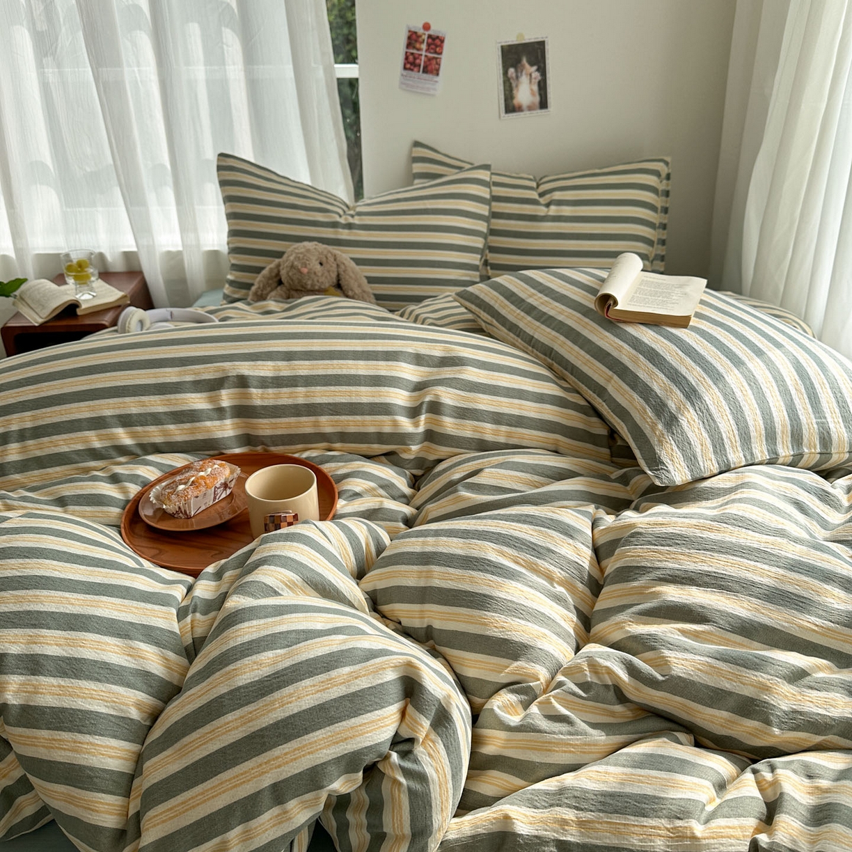 91家纺网 家纺一手货源 找家纺 思诺羽床笠 2026新款亲肤云朵双层纱无印风水洗棉三件套四件套 黄绿条