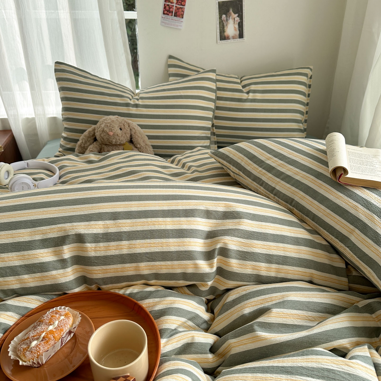 91家纺网 家纺一手货源 找家纺 思诺羽床笠 2026新款亲肤云朵双层纱无印风水洗棉三件套四件套 黄绿条