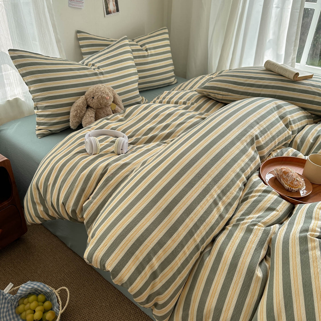 91家纺网 家纺一手货源 找家纺 思诺羽床笠 2026新款亲肤云朵双层纱无印风水洗棉三件套四件套 黄绿条