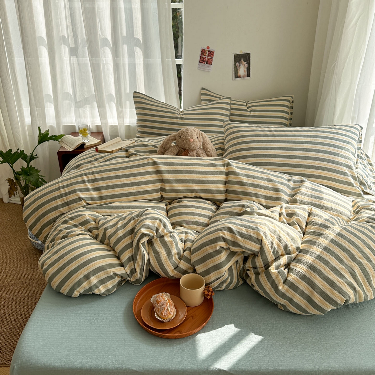 91家纺网 家纺一手货源 找家纺 思诺羽床笠 2026新款亲肤云朵双层纱无印风水洗棉三件套四件套 黄绿条