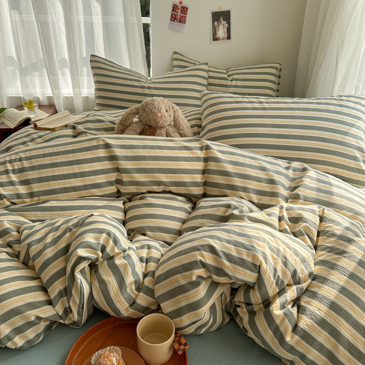 91家纺网 家纺一手货源 找家纺 思诺羽床笠 2026新款亲肤云朵双层纱无印风水洗棉三件套四件套 黄绿条