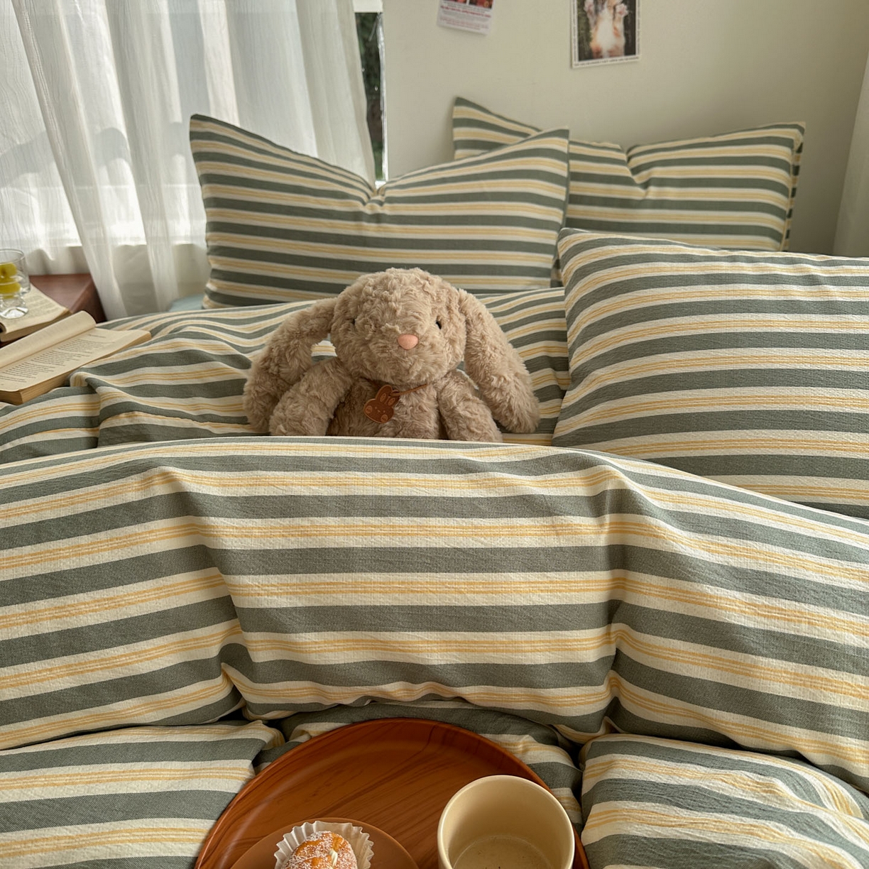 91家纺网 家纺一手货源 找家纺 思诺羽床笠 2026新款亲肤云朵双层纱无印风水洗棉三件套四件套 黄绿条