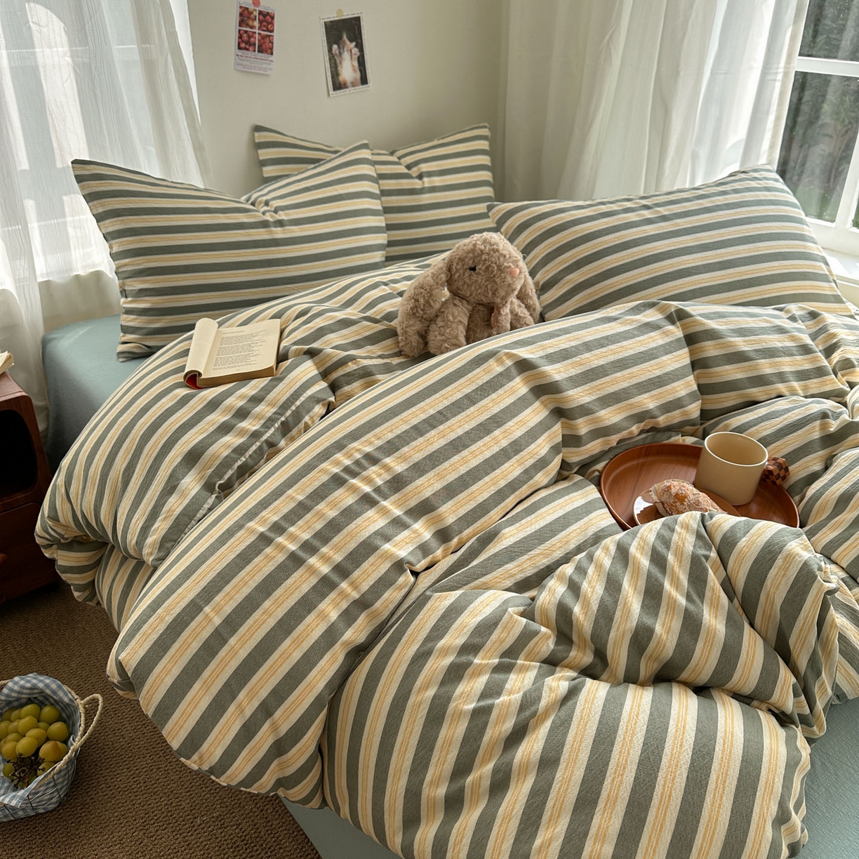 91家纺网 家纺一手货源 找家纺 思诺羽床笠 2026新款亲肤云朵双层纱无印风水洗棉三件套四件套 黄绿条